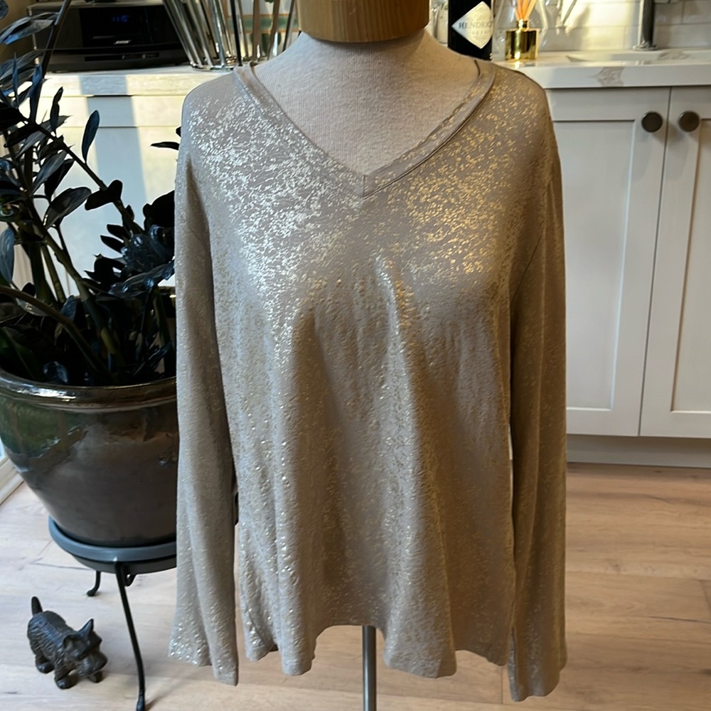 NWT Eva Kayan long sleeve soft beige top with gold abstract pattern finish